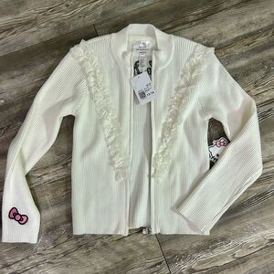 Forever 21 Kids White Ribbed Zip Cardigan with Ruffle Detail
